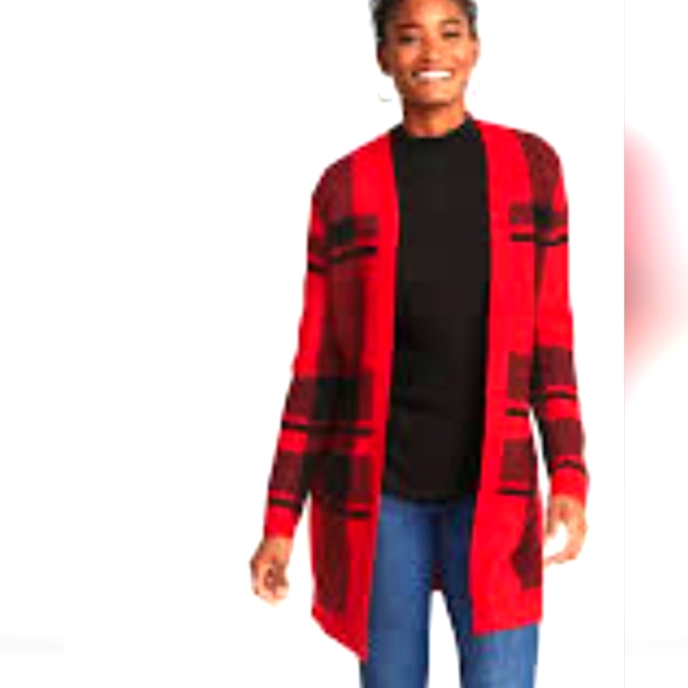 Old Navy Plaid open front Red and Black Sweater